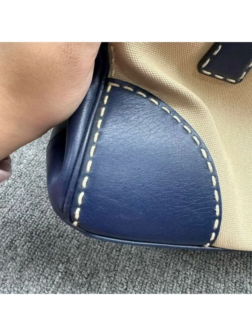 Authentic Prada Two Tone Leather Canvas Tote Satchel Crossbody Bag